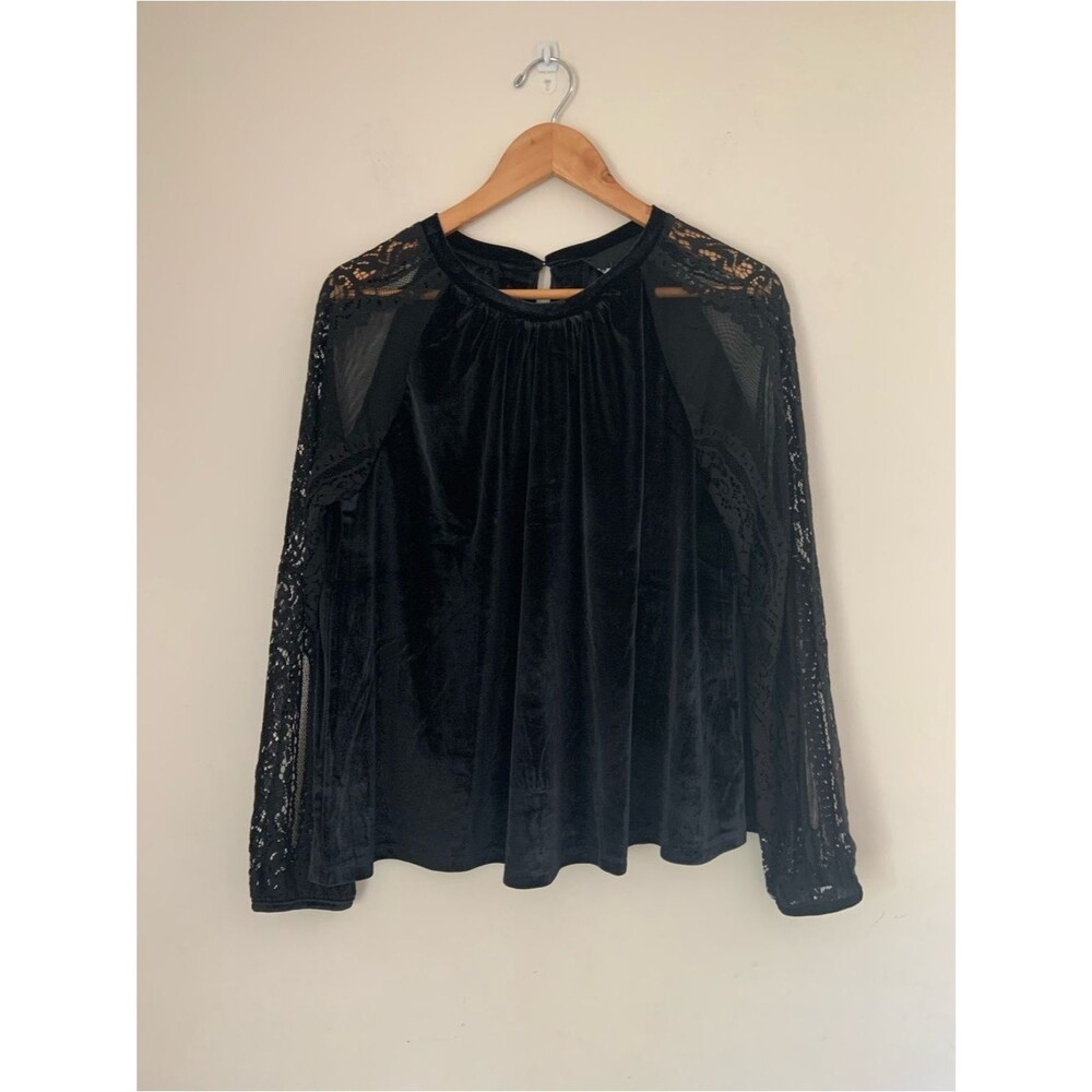 Black Velvet Whimsigoth Lace Sleeve Women’s Top L Fairy Grunge Dark Coquette